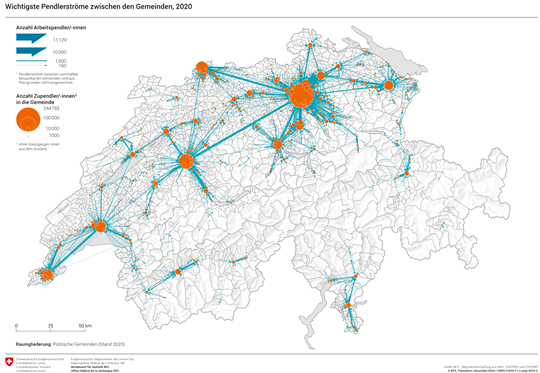 Karte der Schweiz mit den wichtigsten Pendlerströmen zwischen den Gemeinden (Quelle: BFS)