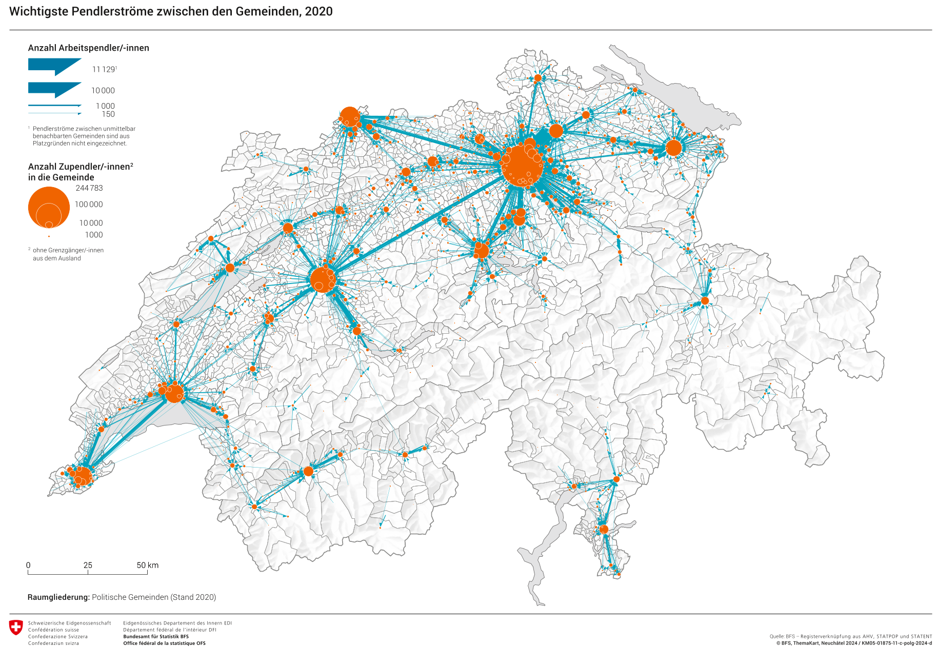 Karte der Schweiz mit den wichtigsten Pendlerströmen zwischen den Gemeinden (Quelle: BFS)